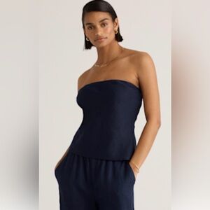 Quince 100% European Linen Strapless Top Navy Blue L Sleeveless Halter Tube $39
